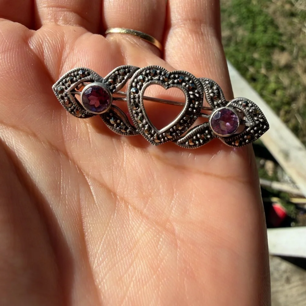 Vintage 925 Sterling Silver Marcasite Pin With Purple Stones